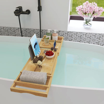 Luxury Bamboo Bathtub Caddy Tray with Wineglass Holder and Free Soap Holder