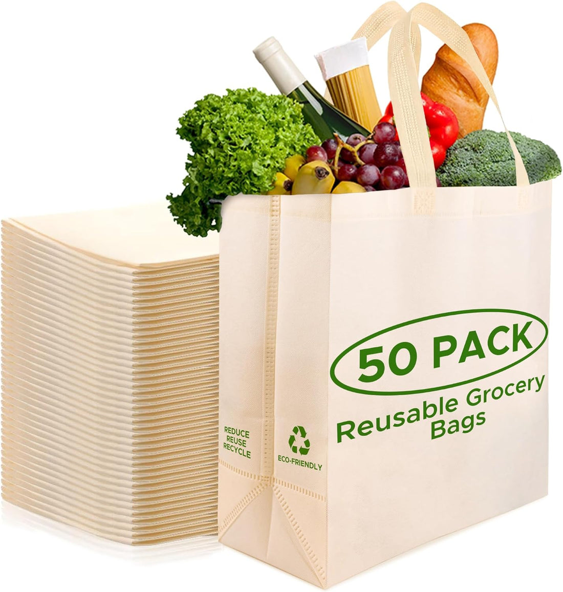 &quot;50 Pack of Large Heavy Duty Reusable Grocery Bags - Eco-Friendly Tote Bags, Foldable and Bulk (Cream)&quot;