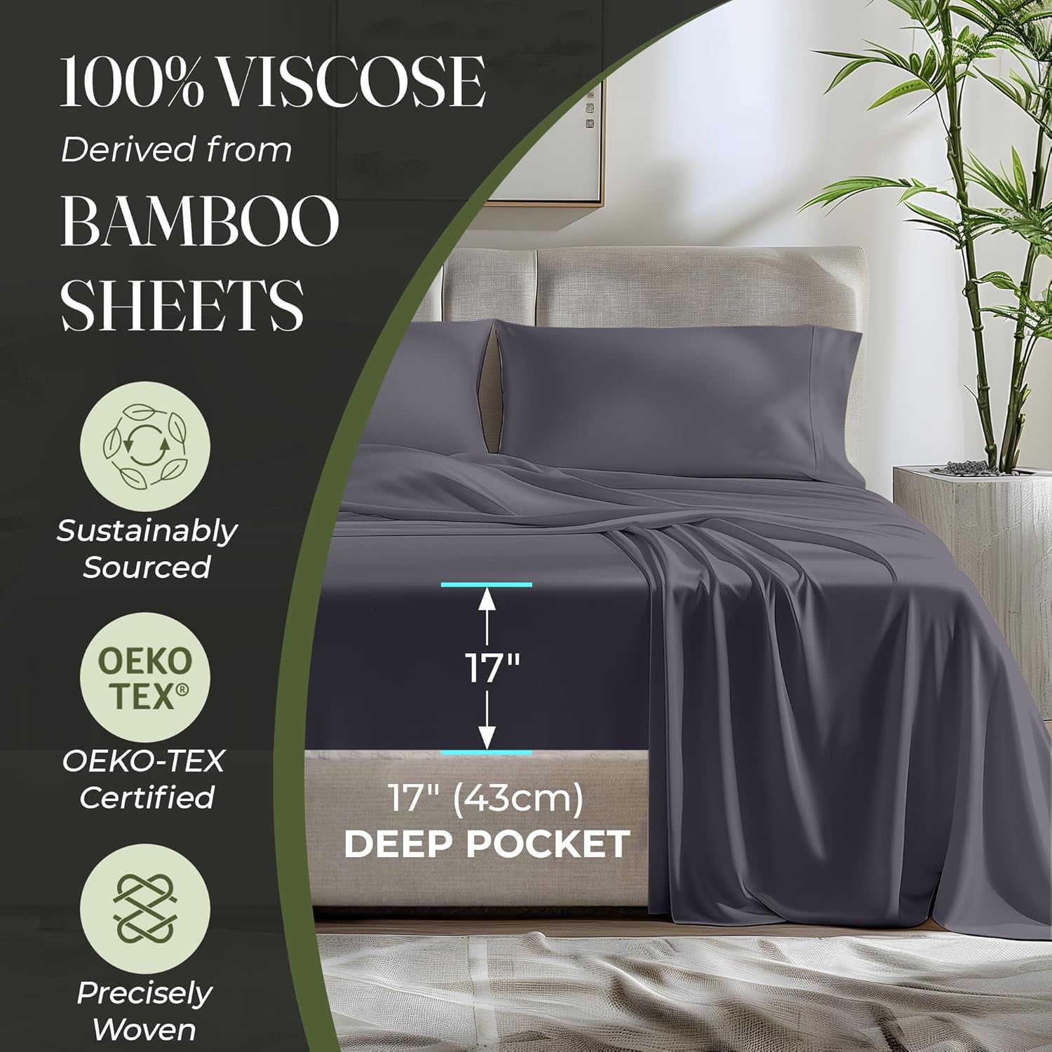 Ultra Soft 100% Organic Bamboo Viscose Queen Sheets - Luxuriously Cooling 4PC Set with 17&quot; Deep Pocket &amp; Double Stitching - Perfect for Hot Sleepers (Grey)