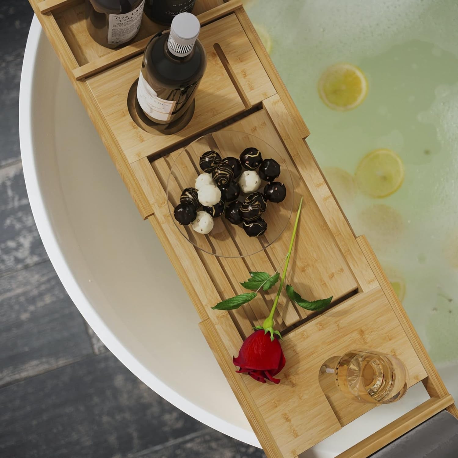 Luxury Bamboo Bathtub Caddy Tray with Wineglass Holder and Free Soap Holder