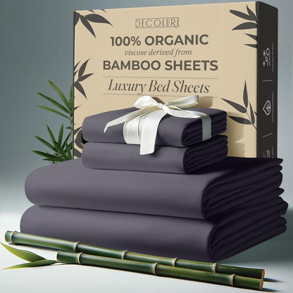 Ultra Soft 100% Organic Bamboo Viscose Queen Sheets - Luxuriously Cooling 4PC Set with 17&quot; Deep Pocket &amp; Double Stitching - Perfect for Hot Sleepers (Grey)