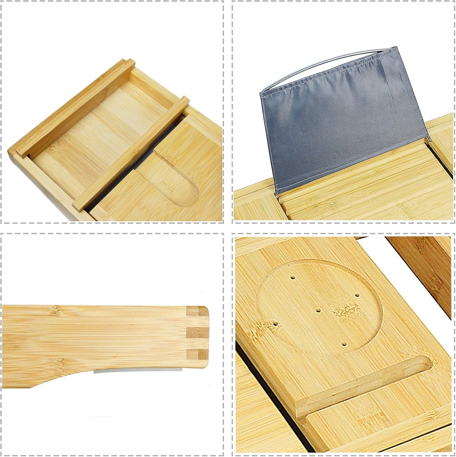 Luxury Bamboo Bathtub Caddy Tray with Wineglass Holder and Free Soap Holder