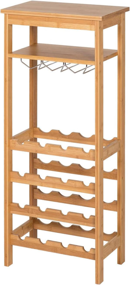 &quot;Premium 4-Tier Bamboo Wine Rack - Elegant Storage for 16 Bottles with Glass Hanger and Table Top&quot;