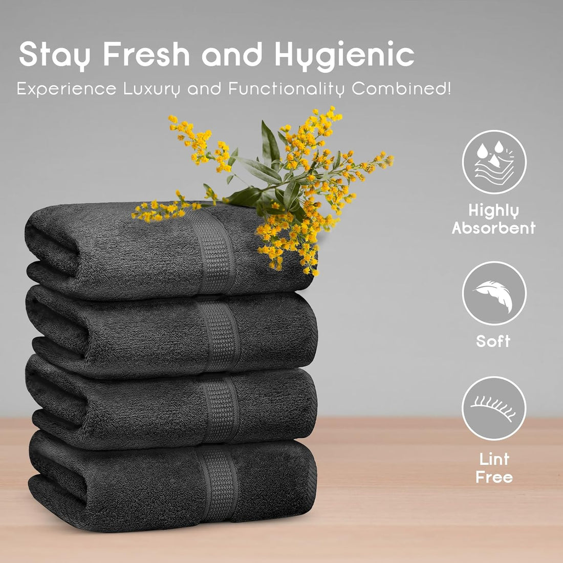 Luxurious 4-Piece Large Bath Towels Set - Gentle on Skin, Quick Drying &amp; Absorbent - Ideal for Bathroom, Gym, Hotel &amp; Spa - Grey, 30&quot; X 52&quot;