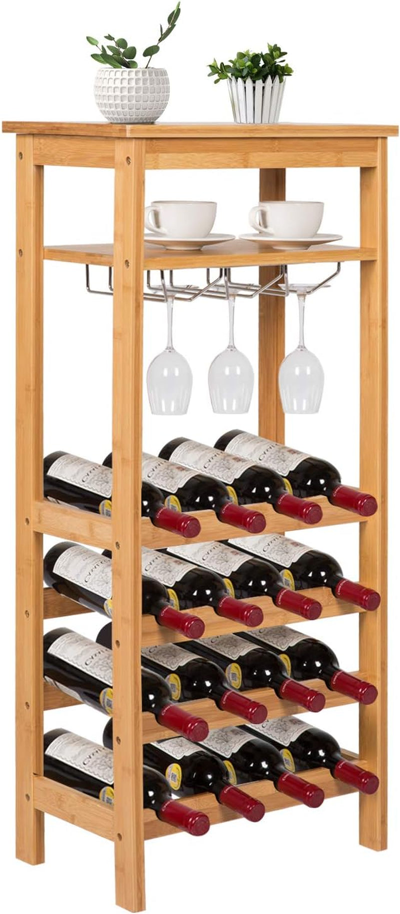 &quot;Premium 4-Tier Bamboo Wine Rack - Elegant Storage for 16 Bottles with Glass Hanger and Table Top&quot;