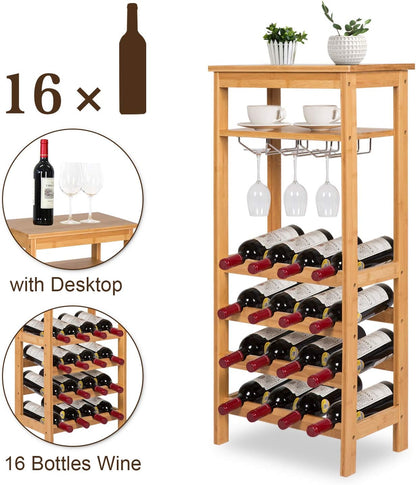 &quot;Premium 4-Tier Bamboo Wine Rack - Elegant Storage for 16 Bottles with Glass Hanger and Table Top&quot;