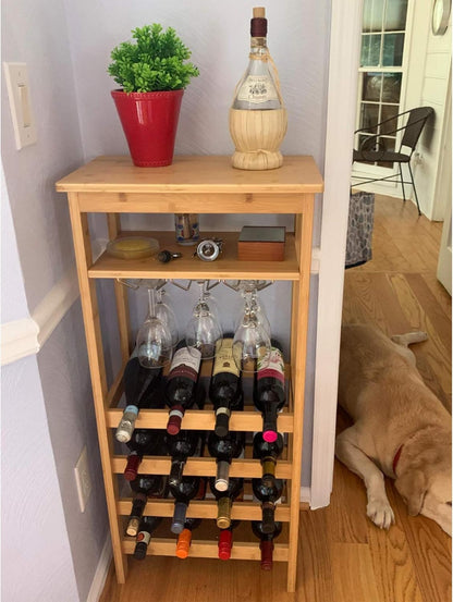 &quot;Premium 4-Tier Bamboo Wine Rack - Elegant Storage for 16 Bottles with Glass Hanger and Table Top&quot;