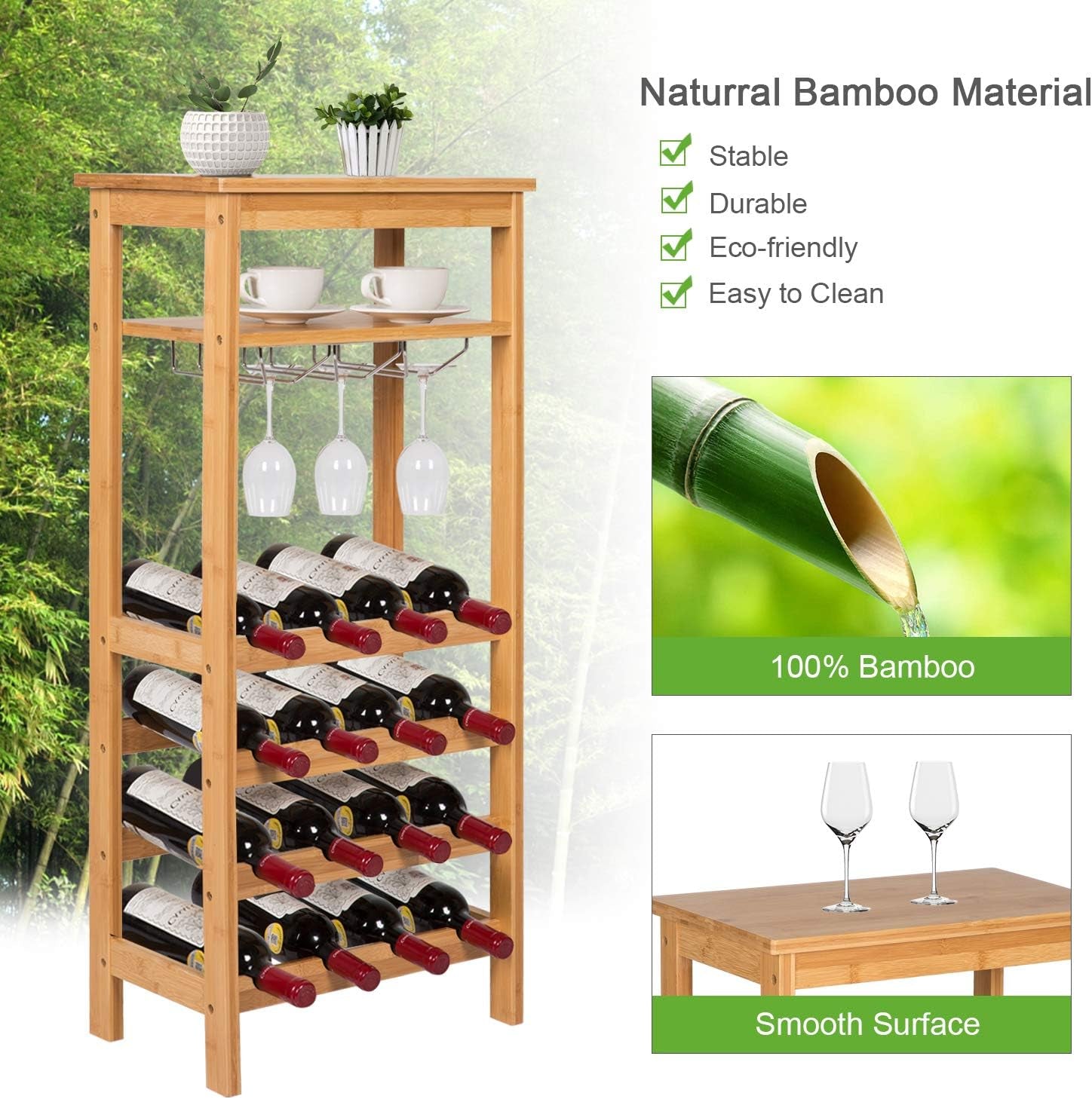 &quot;Premium 4-Tier Bamboo Wine Rack - Elegant Storage for 16 Bottles with Glass Hanger and Table Top&quot;