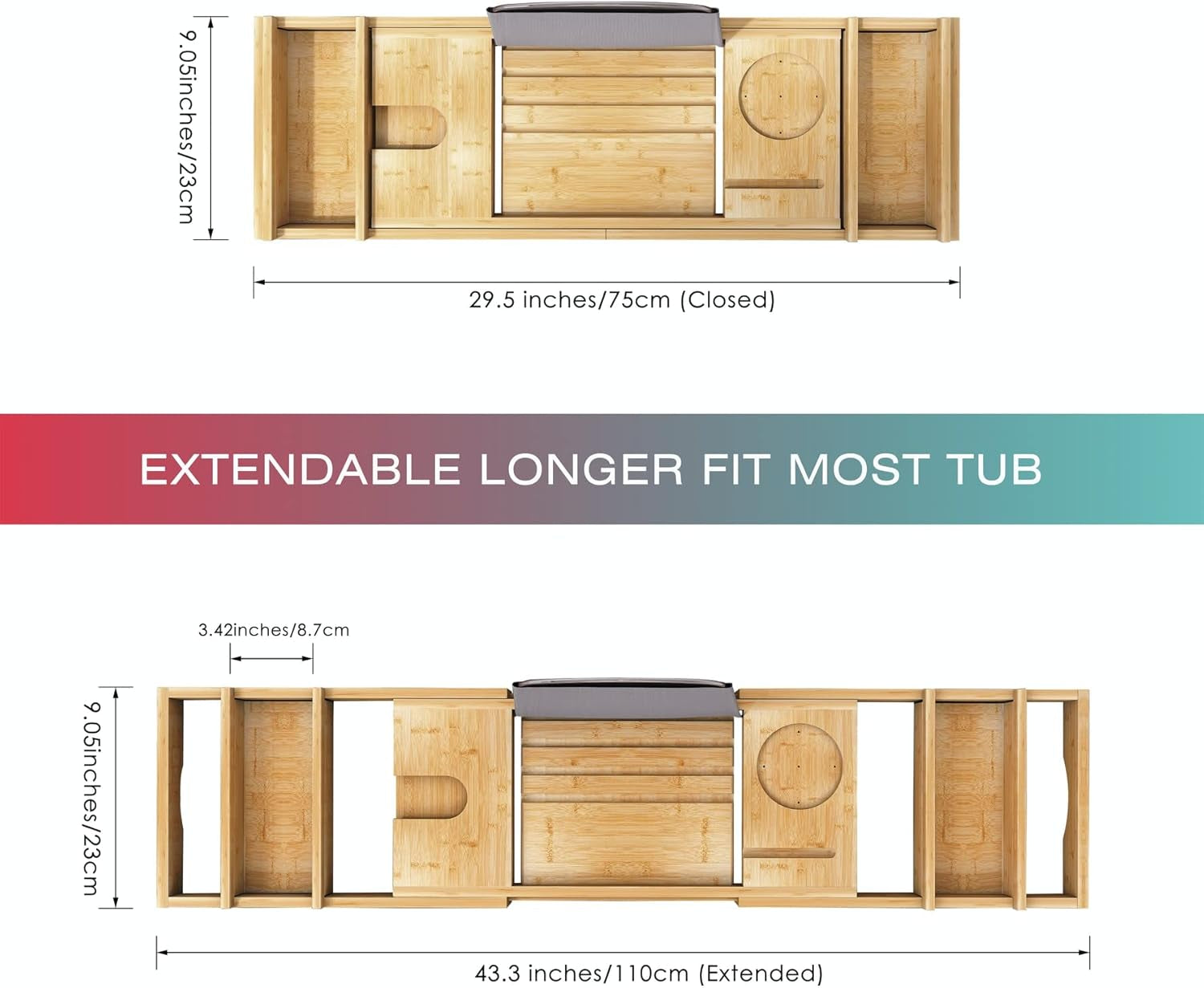 Luxury Bamboo Bathtub Caddy Tray with Wineglass Holder and Free Soap Holder