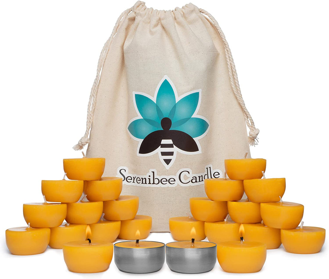 Beeswax Tea Lights Candles with One Reusable Steel Candle Holder and Reusable Cotton Bag Eco Friendly Gift Set (12)