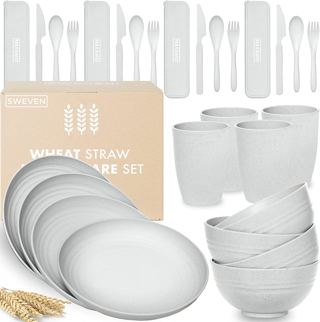 Wheat Straw Dinnerware Sets (28 Pcs) | Unbreakable Dinnerware Sets | Dishwasher Microwave Safe Dinnerware | Eco Friendly Non Breakable Dinnerware Sets | Plates, Bowls, Cups, Cutlery (Grey)