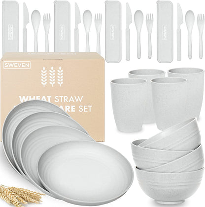 Wheat Straw Dinnerware Sets (28 Pcs) | Unbreakable Dinnerware Sets | Dishwasher Microwave Safe Dinnerware | Eco Friendly Non Breakable Dinnerware Sets | Plates, Bowls, Cups, Cutlery (Grey)