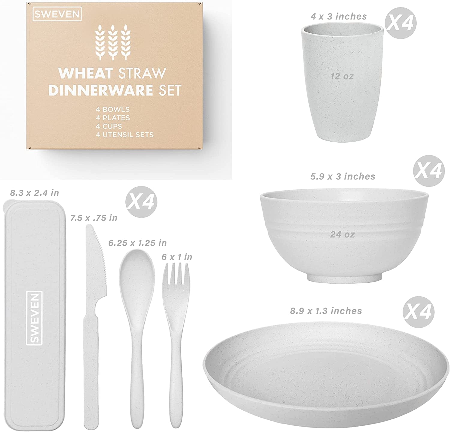 Wheat Straw Dinnerware Sets (28 Pcs) | Unbreakable Dinnerware Sets | Dishwasher Microwave Safe Dinnerware | Eco Friendly Non Breakable Dinnerware Sets | Plates, Bowls, Cups, Cutlery (Grey)