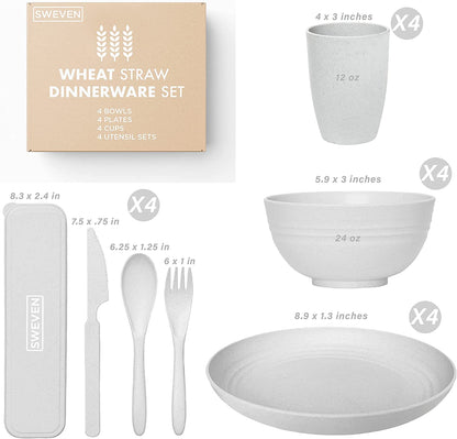 Wheat Straw Dinnerware Sets (28 Pcs) | Unbreakable Dinnerware Sets | Dishwasher Microwave Safe Dinnerware | Eco Friendly Non Breakable Dinnerware Sets | Plates, Bowls, Cups, Cutlery (Grey)