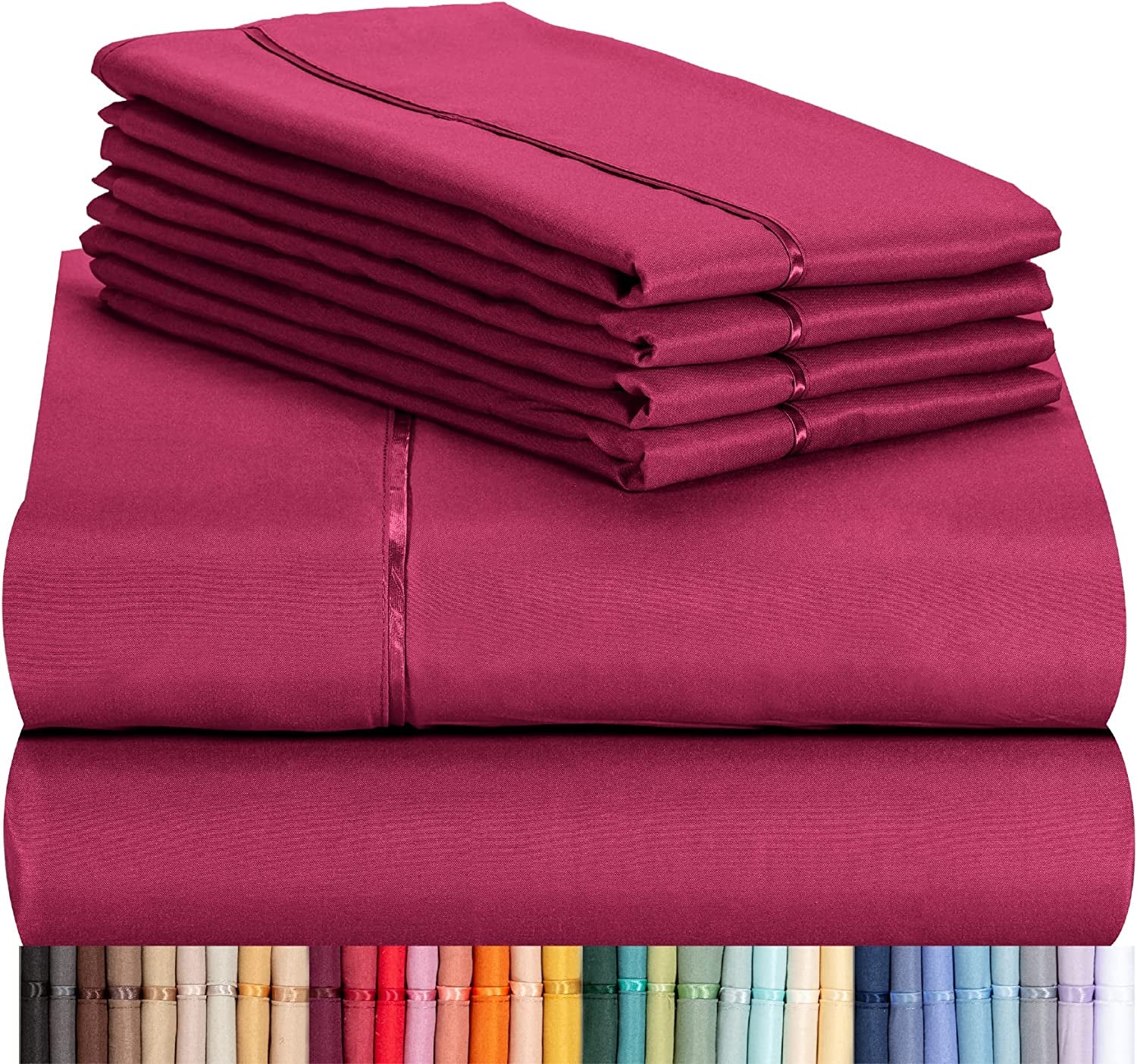 6 PC Sheet Set Sheets Deep Pockets 18&quot; Eco Friendly Wrinkle Free Sheets Machine Washable Hotel Bedding Silky Soft - Burgundy King