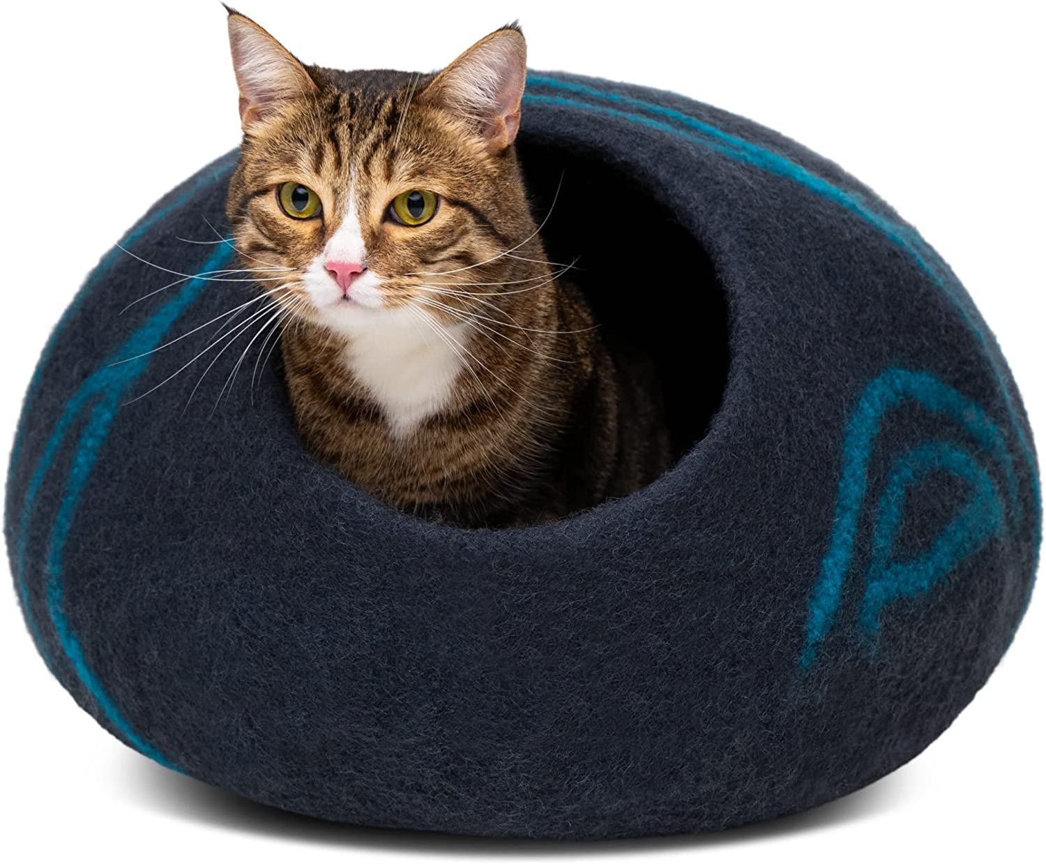 Premium Felt Cat Bed Cave - Handmade 100% Merino Wool Bed for Cats and Kittens (Dark Shades) (Large, Black/Aqua)