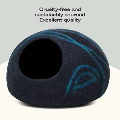 Premium Felt Cat Bed Cave - Handmade 100% Merino Wool Bed for Cats and Kittens (Dark Shades) (Large, Black/Aqua)