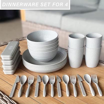 Wheat Straw Dinnerware Sets (28 Pcs) | Unbreakable Dinnerware Sets | Dishwasher Microwave Safe Dinnerware | Eco Friendly Non Breakable Dinnerware Sets | Plates, Bowls, Cups, Cutlery (Grey)