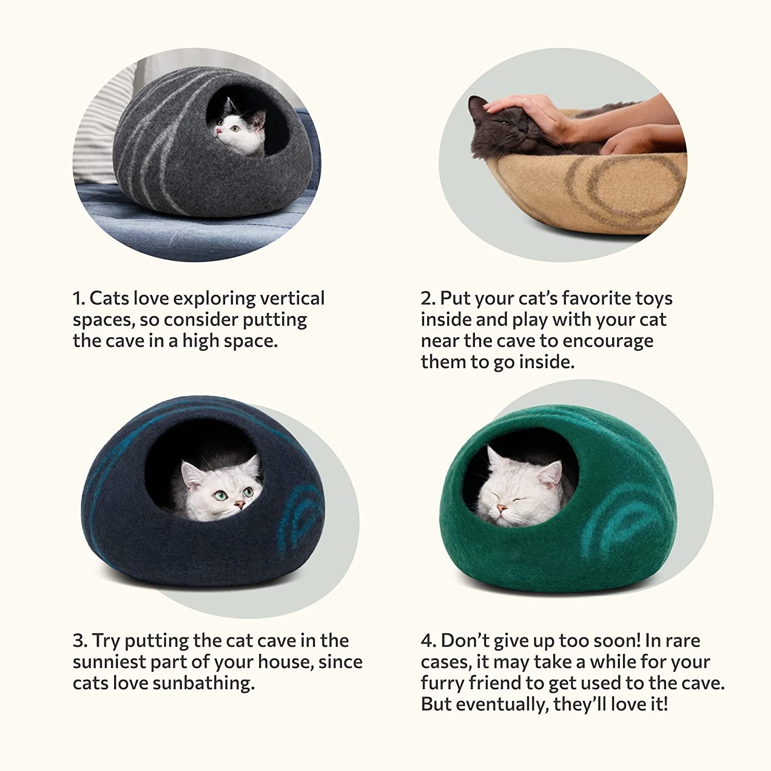 Premium Felt Cat Bed Cave - Handmade 100% Merino Wool Bed for Cats and Kittens (Dark Shades) (Large, Black/Aqua)