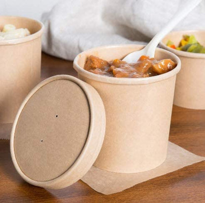 Eco Friendly Microwavable Kraft Soup Bowls | Disposable Food To-Go Containers-Soup Containers with Airtight Lids. Great for Restaurants, Take Outs, or To-Go Lunch 25/Pack (8 Oz, Brown)