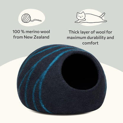 Premium Felt Cat Bed Cave - Handmade 100% Merino Wool Bed for Cats and Kittens (Dark Shades) (Large, Black/Aqua)