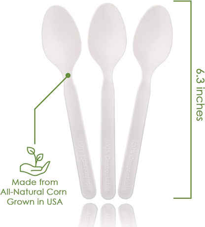 100% Compostable Spoons - 140 Large Disposable Utensils (6.3 In.) Eco Friendly Durable and Heat Resistant Alternative to Plastic Spoons with Convenient Tray by Ecovita