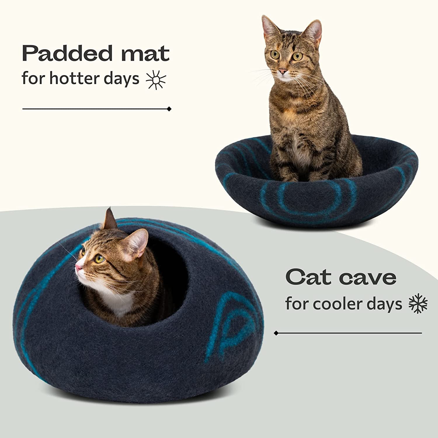 Premium Felt Cat Bed Cave - Handmade 100% Merino Wool Bed for Cats and Kittens (Dark Shades) (Large, Black/Aqua)