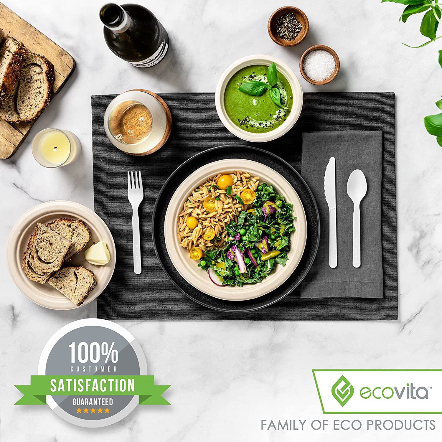 100% Compostable Spoons - 140 Large Disposable Utensils (6.3 In.) Eco Friendly Durable and Heat Resistant Alternative to Plastic Spoons with Convenient Tray by Ecovita